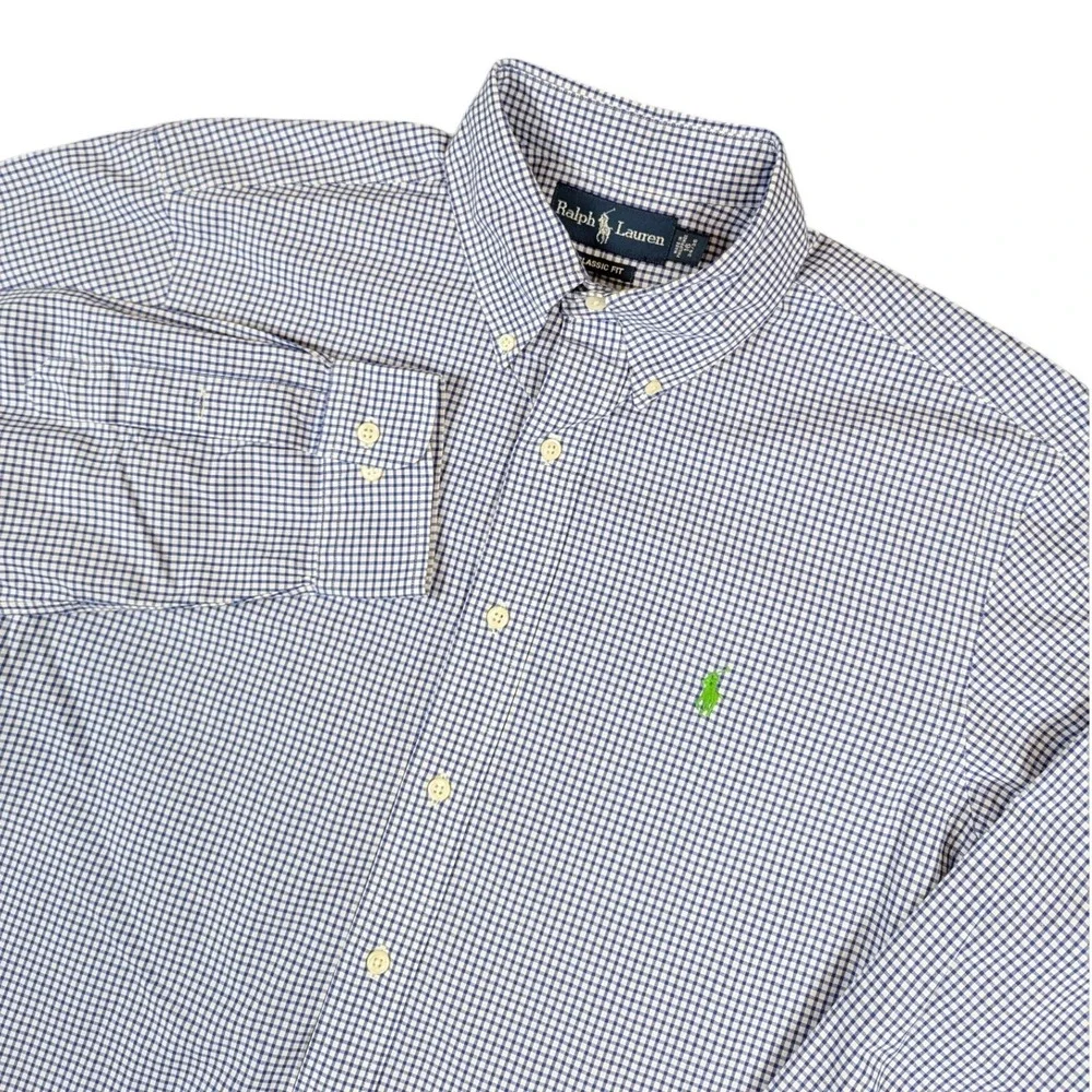 Ralph Lauren Mens Classic Fit Gingham Button Down Shirt Blue White Size 16 34/35